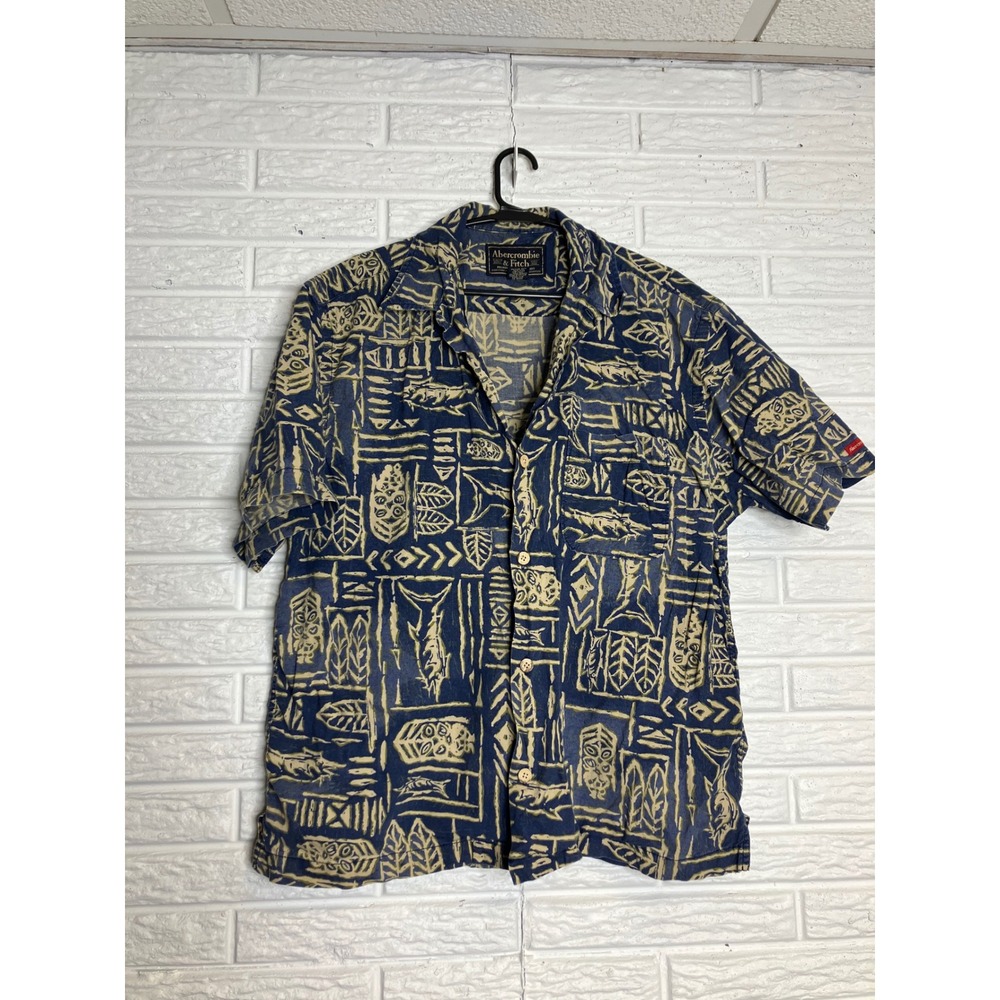 Abercrombie & Fitch Button Up Mens M Blue Excellent Tribal Tiki Fish Print S/S